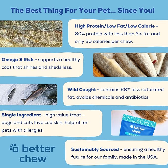 A Better CHEW – Wild Caught Cod Skin Dog Treats | Sourced and Made in The USA, Single Ingredient, Dehydrated | Natural, Healthy Alternative to Rawhides + Bully Sticks, Long Lasting Chew-PurrikoPets