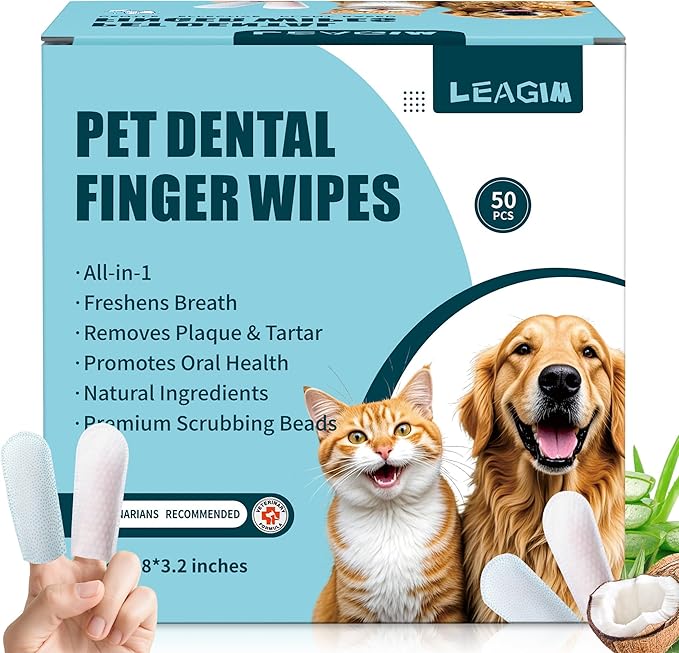 Dog Teeth Cleaning Wipes, Cat & Dog Toothbrush Brushing Kit, Dog Tooth Finger Dental Wipes to Remove Tartar & Plaque, Plant-Based Care Disposable Pet Wipes (50 Count, Uncented)-PurrikoPets