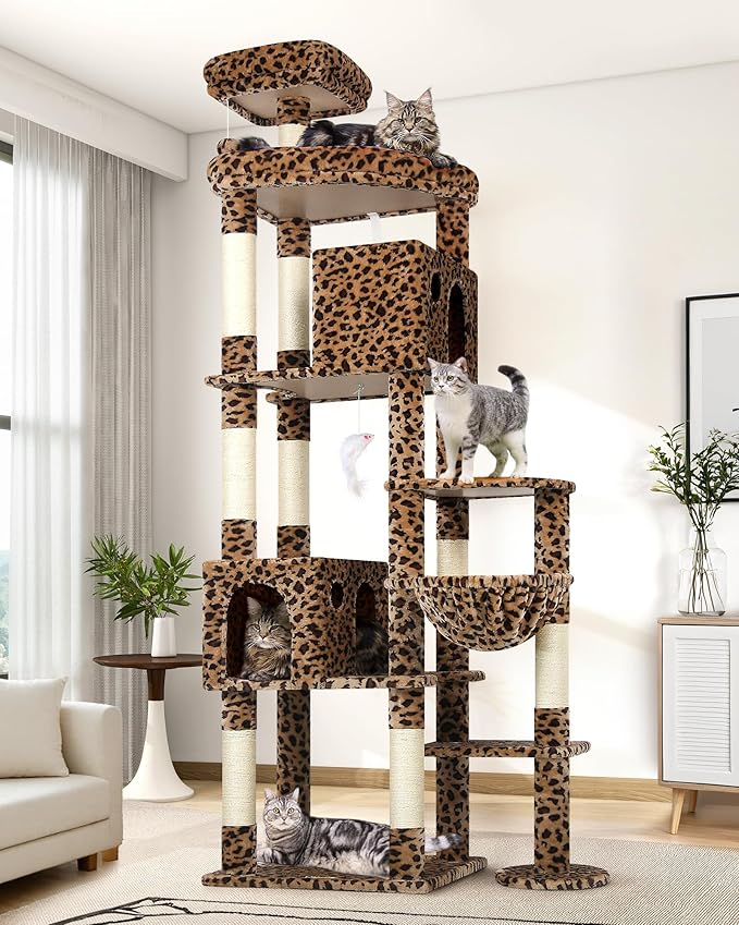 Globlazer Giant Cat Tree, 83 inch Cat Tree for Indoor Cats Large Adult, XXL Cat Tower with 9 Scratching Posts for 20lb+ Heavy Duty Large Adult Cats, F83, Leopard Print-PurrikoPets