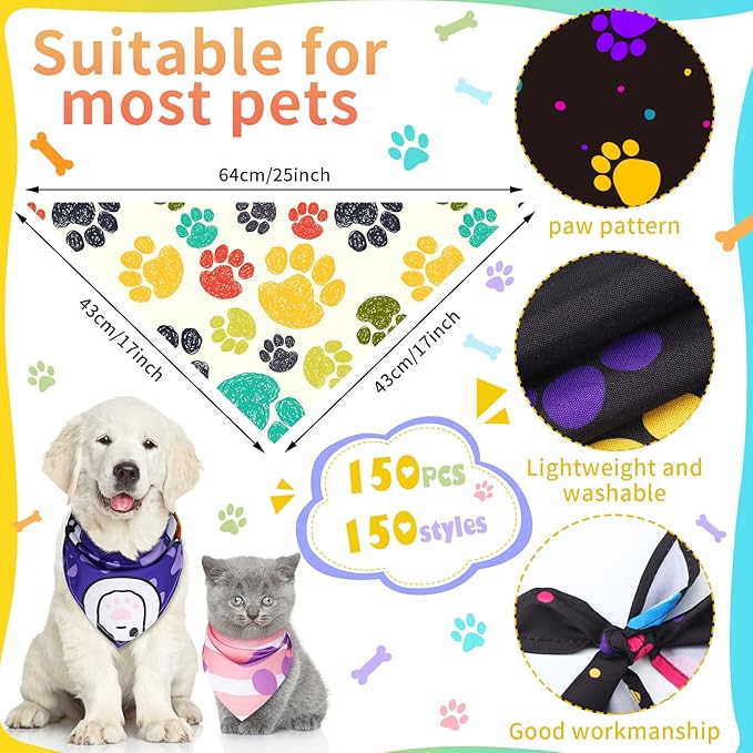 150 Pcs Dog Bandanas Bulk Pet Bibs Colorful Triangle Scarf Pet Bandanas for Medium Large Dogs Spring Summer Birthday Costume Decoration (Paw)-PurrikoPets