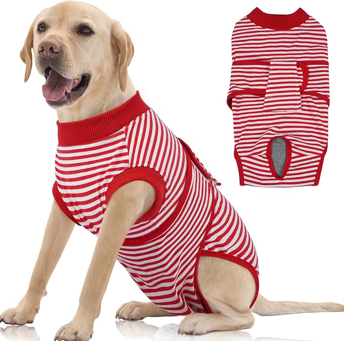 FUAMEY Dog Recovery Suit Male,Dogs Surgery Neuter Suits Puppy Spay Shirts for Female Protect Dog's Skin Anti Licking Abdominal Wounds Doggie Onesie Pet Bodysuit Alternative to Cone Red Stripes XXL-PurrikoPets