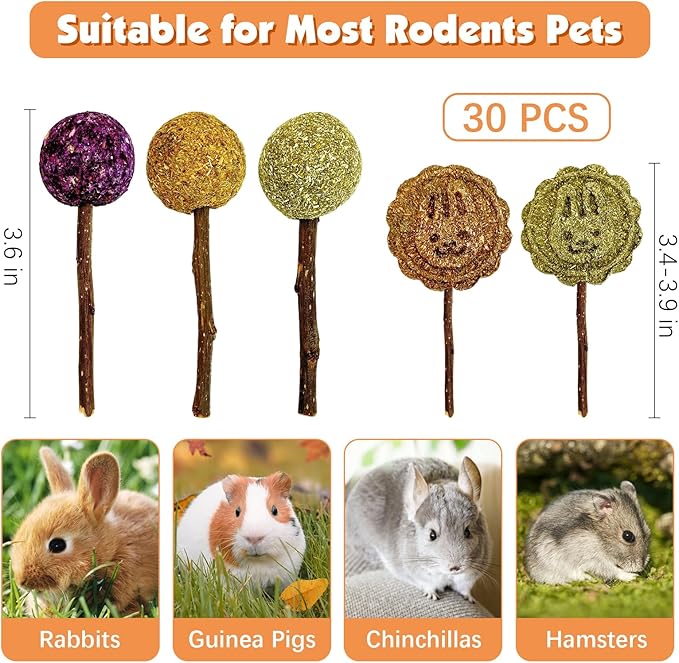 Fhiny Rabbit Chew Toys, 30 PCS Natural Bunny Lollipop Chew Sticks Handmade Guinea Pig Molar Treats for Teeth Small Animals Snacks for Guinea Pig Bunny Chinchilla Hamster Gerbil Teeth Care-PurrikoPets