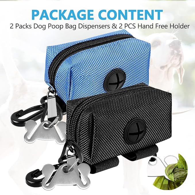 Dog Waste Bag Dispenser Pet Poop Bags Holder for Doggie Waste Bags Dispensers Soft Fabric Zipper Small Doggy Puppy Pouch for Leash Accessory Attachment with Carrier,2PCS Blue&Black-PurrikoPets