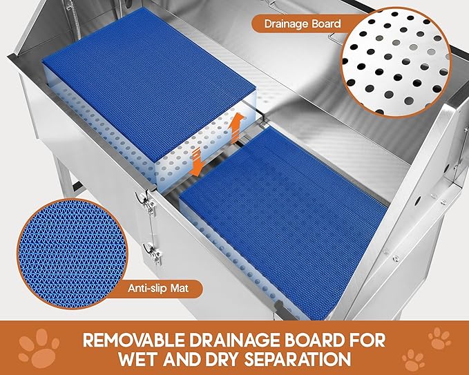Albott 50-Inch Stainless Steel Dog Washing Station with Anti-Slip Steps, Sprayer, Faucet, and Soap Box – Professional Pet Bathtub for Medium/Small Pets, Ideal for Home, Garage, and Grooming(Left)-PurrikoPets