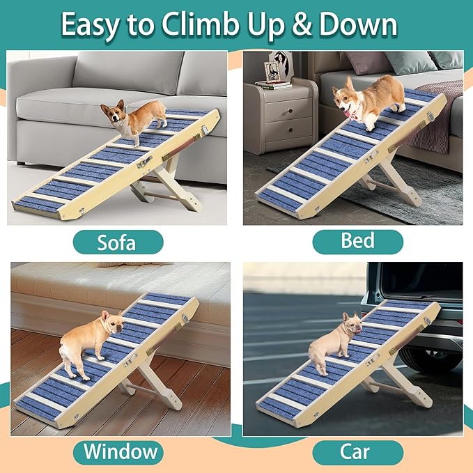 Dog Ramp for Bed, Upgraded 33" Long Portable Dog Ramp for Couch, Wood Folding Pet Ramp for All Breeds Small Old Dogs to Get on Bed, 4 Adjustable Heights 12.9" to 17.7"(Wood, Up to 50lbs)-PurrikoPets