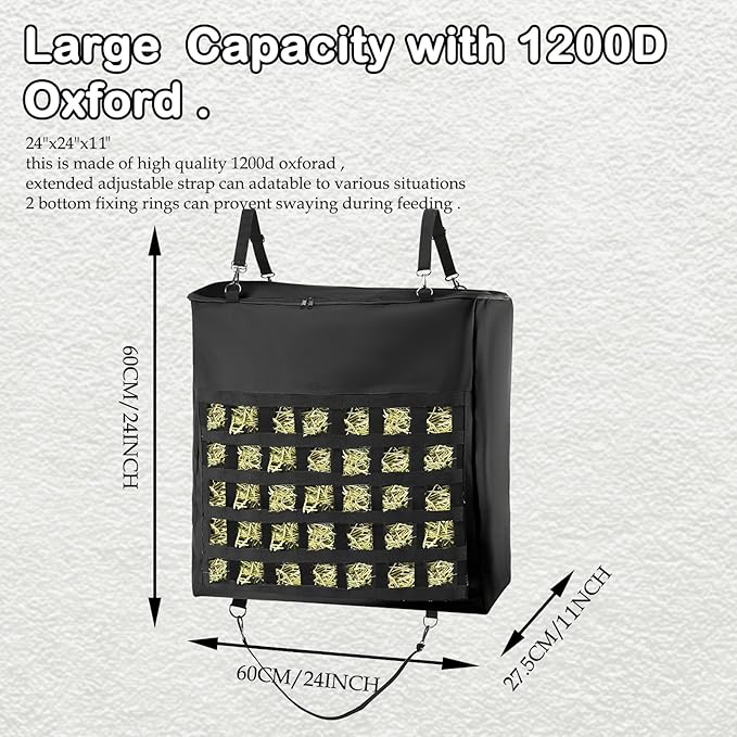 1Pcs Hay Bag for Horse,1200D Oxford Fabric Slow Feed Bags with Front Hay Nets Design and Heavy Duty Zipper Large Top Load Feeding Bag for Horses and Livestock,Black-PurrikoPets