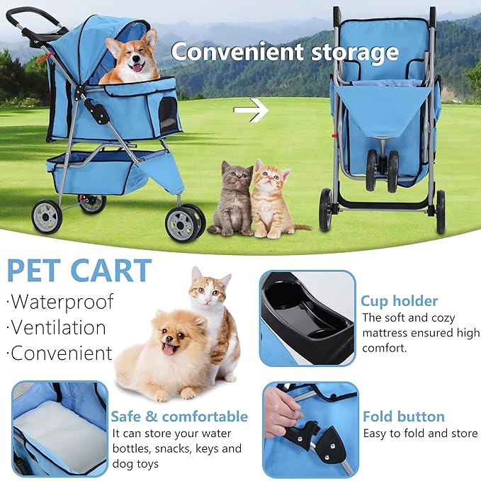 Dog Stroller,3 Wheels Travel Folding Pet Stroller for Small Medium Dog Cat Jogger Stroller with Storage Basket Removable Liner Blue-PurrikoPets