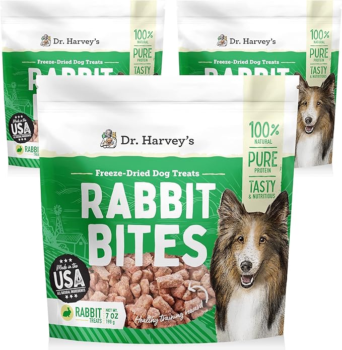 Dr. Harvey's Rabbit Bites Freeze-Dried Raw Dog Treats - Single Ingredient, All-Natural Rabbit Meat Protein for Dogs, Allergen-Free - 7 Ounces (3 Pack)-PurrikoPets