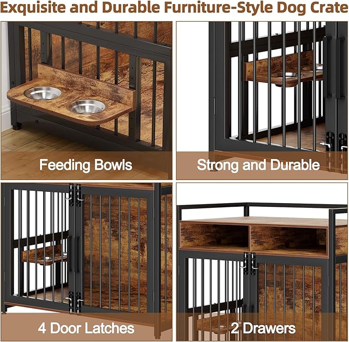 Furniture Style Dog Crate with Storage, 48 Inch Dog Crate Furniture with Double Doors, 2 Stainless Steel Bowls, Dog Crate Furniture-Style Crate for Large/Medium Dog-PurrikoPets