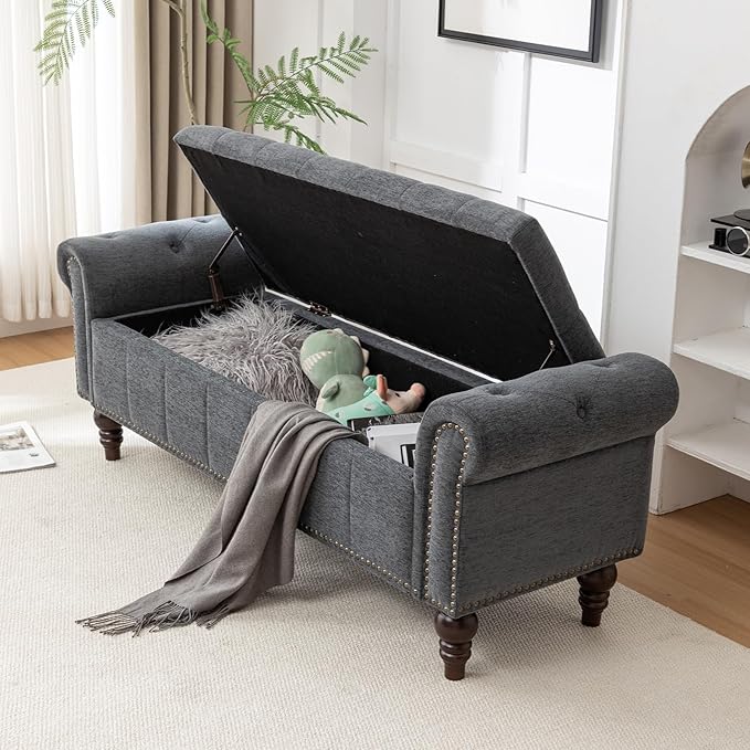 58’’ Storage Bench for Bedroom, Upholstered Button-Tufted Ottoman with Solid Wood Legs, Large End of Bed Shoe Cabinet, Window Seat Foot Rest Stool for Entryway, Closet, and Living Room (Dimgray)-PurrikoPets