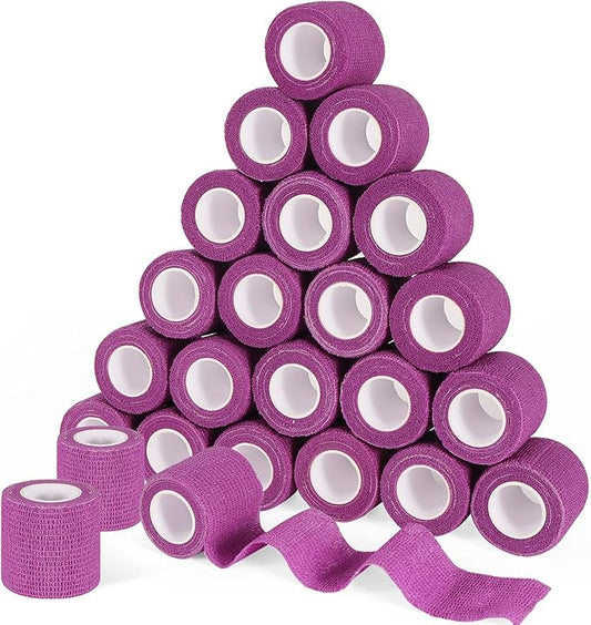 24 Pack 2 Inch x 5 Yards Self Adhesive Bandage Wrap, Elastic Cohesive Wrap 2 inch Vet Wrap Bandage Tape, Purple Grip Tape for Athletic, Sports, First Aid Medical, Wrist, Ankle Sprains-PurrikoPets