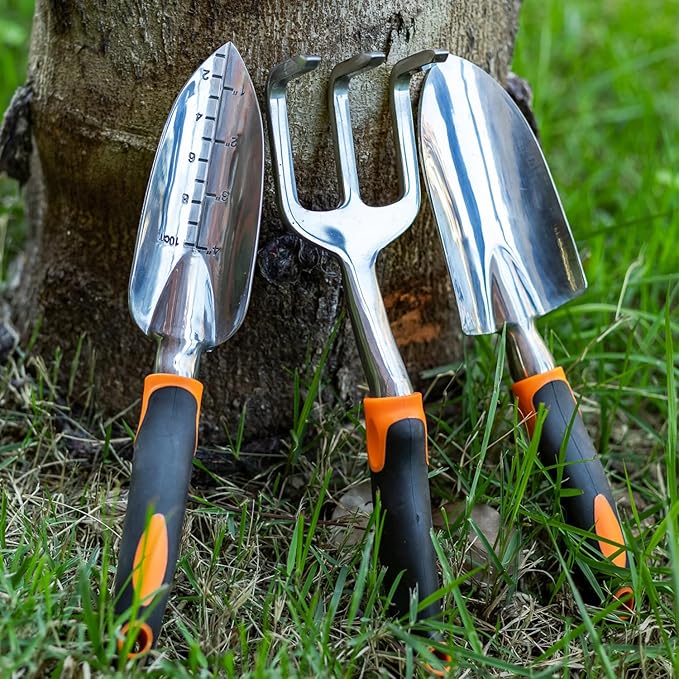 ESOW Garden Tool Set 7 PCS, Includes Cast-Aluminum Heavy Duty Hand Trowel, Transplant Trowel, Hand Rake, SK-5 Steel Gardening Scissor, Plant Tie, Bag & Gloves, Tool Kit Gifts-PurrikoPets