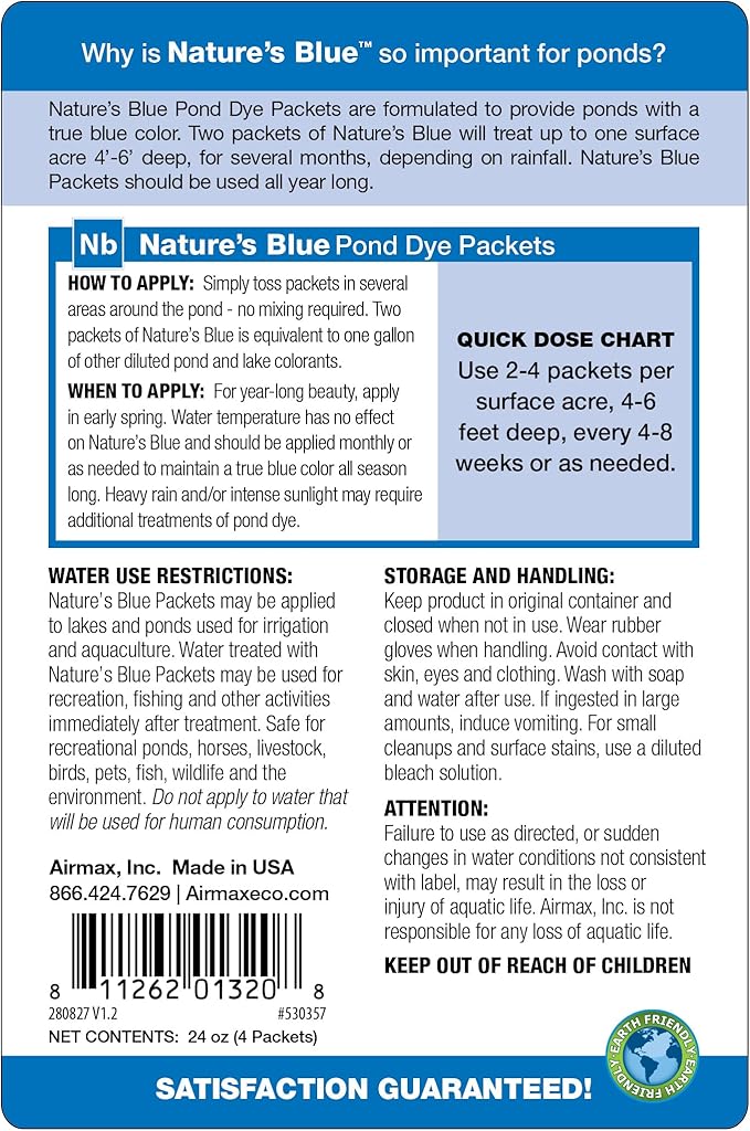 Airmax Pond Dye Packets Nature's Blue Colorant for Large Pond & Lake, Beneficial UV Blocking Color Concentrate, Maintain Clean & Clear Water, Fish Safe, Easy Treatment, 2 Soluble Packets-PurrikoPets