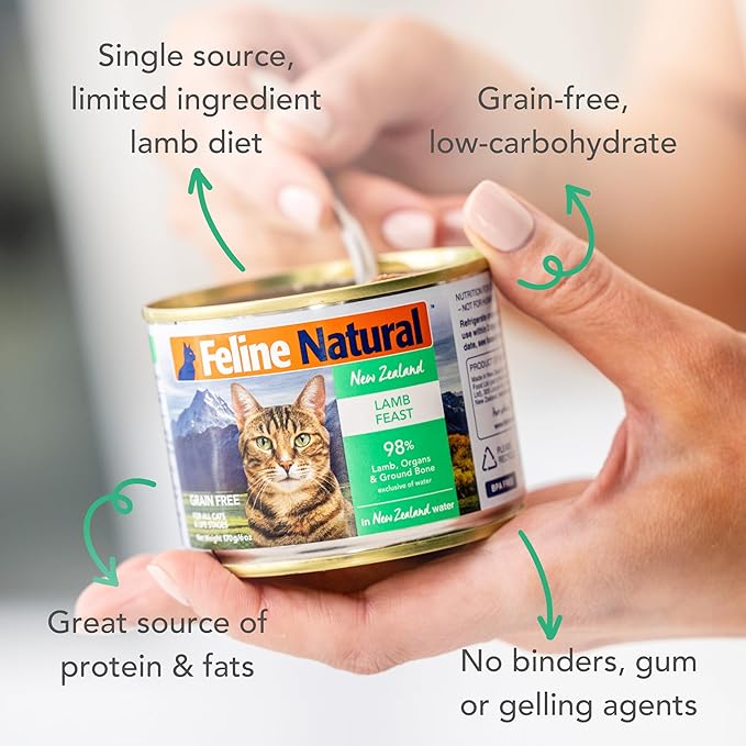 Feline Natural New Zealand Canned Catfood Wet Food, High-Meat, Low-Carb, & Grain Free Cat Food Wet, Lamb Feast, 6 oz, Pack of 12-PurrikoPets