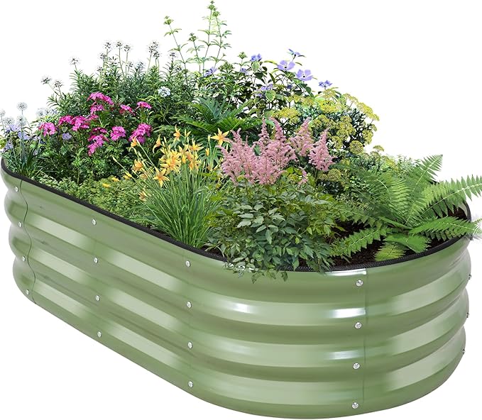 Galvanized Raised Garden Bed Outdoor - 4×2×1ft Planter Raised Beds for Gardening | Oval Metal Garden Planter Box with Safety Edging and Gloves for Vegetables Fruits and Flowers OliveGreen-PurrikoPets