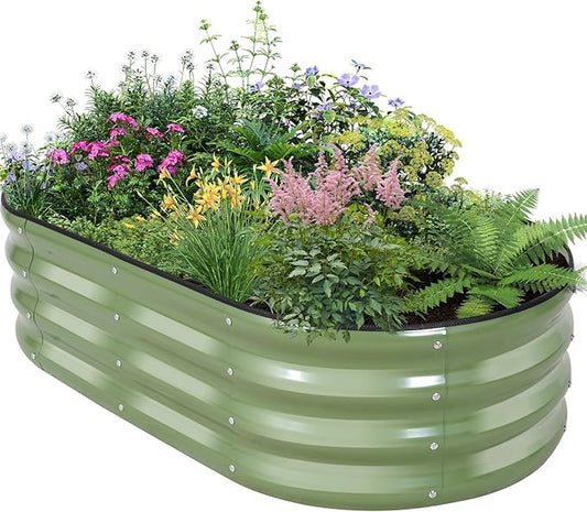 Galvanized Raised Garden Bed Outdoor - 4×2×1ft Planter Raised Beds for Gardening | Oval Metal Garden Planter Box with Safety Edging and Gloves for Vegetables Fruits and Flowers OliveGreen-PurrikoPets