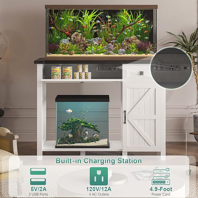 40 Gallon Aquarium Stand With Charging Station, Farmhouse Fish Tank Stand, Reptile Tank Stand Terrarium Stand with Drawer and Cabinet Storage, Sturdy Heavy Duty 41.9"×18.3" Tabletop - White-PurrikoPets