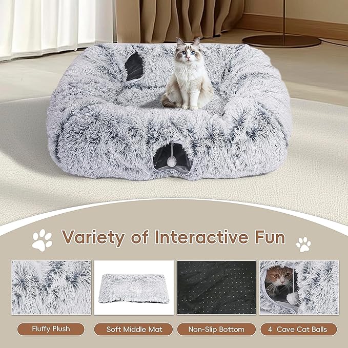 Extra Large Cat Tunnel Bed, 4 Ways Tunnels for Indoor Cats, Multi-cat Family Peekaboo Cave & Cat Bed, Plush Cat Donut with Washable Middle Mat, Exit Balls, Pet Play Toy for Kitten Puppy Rabbit-PurrikoPets