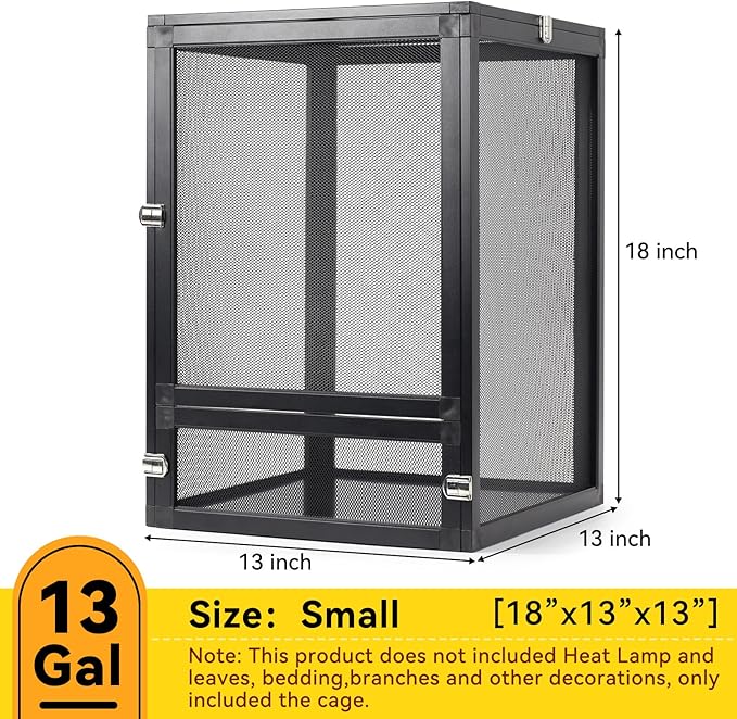 13 Gallon 360° Panoramic Foldable Reptile Terrarium Kit: Crested Gecko Tank and Reptile Cage for Superior Ventilation, Easy Feeding, Sturdiness, and Simple Assembly (Black, 18"x13"x13")-PurrikoPets