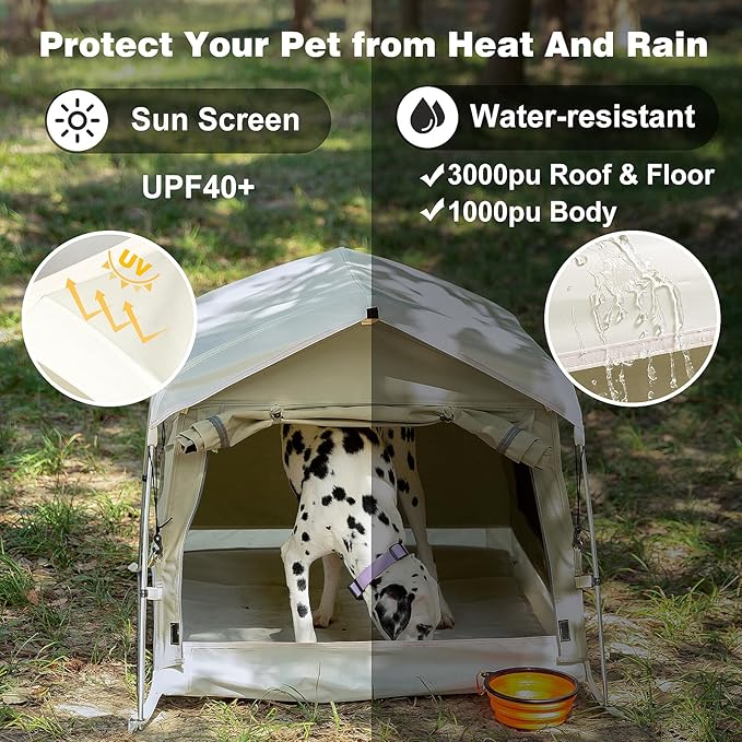 Dog Tent Cotton Fabric, Aluminum Poles and Camping Mat, Outdoor Weatherproof, Dog House Outdoor, Breathable with 2 Side Windows, Portable and Collapsible (Gray, Large)-PurrikoPets