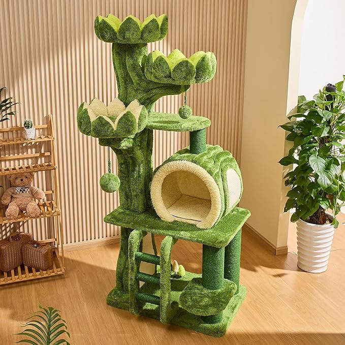 80.35'' Luxury Cat Tree for Indoor Cats, All-in-One Tall Flower Tower with Scratching Post, Multi-Level Heavy Duty Cat Tree for Indoor Cats, Solid Wood Cat Condo for Multi-Cat Families-PurrikoPets