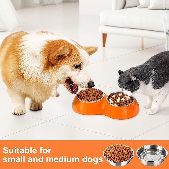 Elevated Dog Bowls Set - Non-Slip Raised Pet Feeder with Medium (10 oz) & Large (20 oz) Stainless Steel Bowls - Includes Durable Resin Stand for Puppies, Adult Dogs & Cats - Orange-PurrikoPets