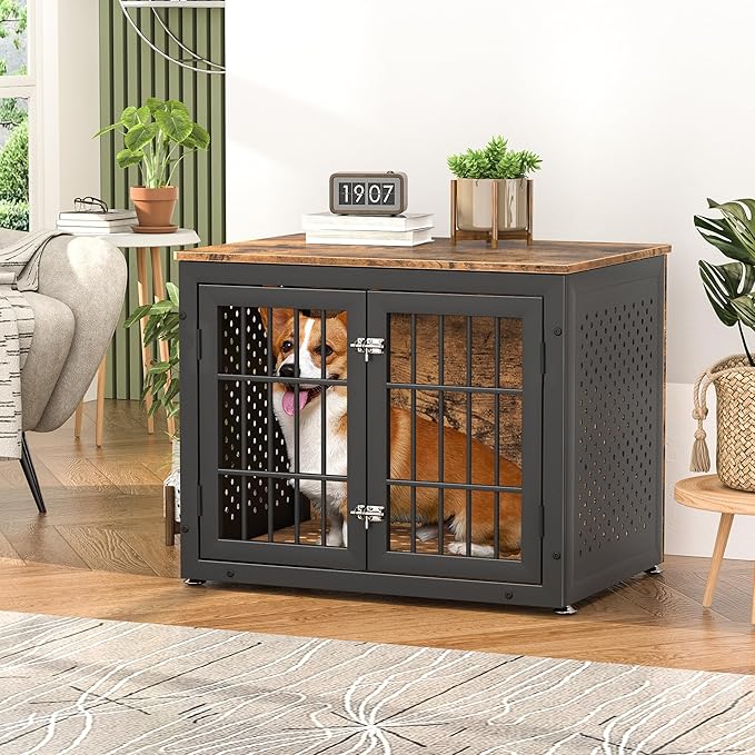 32" Heavy Duty Dog Crate Furniture for Small and Medium Dogs, Metal Kennel for High Anxiety Dogs, Chew Proof Pet Cage Indoor, Decorative Dog Kennel End Table-PurrikoPets