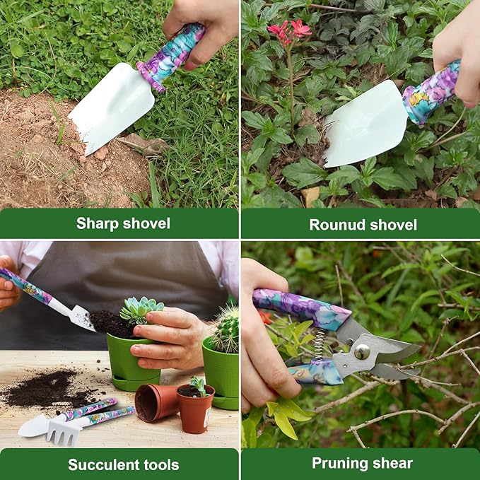Gardening Tool Set 10-Piece, Heavy Duty Garden Tool Set with Purple Floral Tote Bag and Gift Box, Gardening Tools Kit with Ergonomic Non-Slip Handle, Ideal Gardening Gifts for Women Mom-PurrikoPets