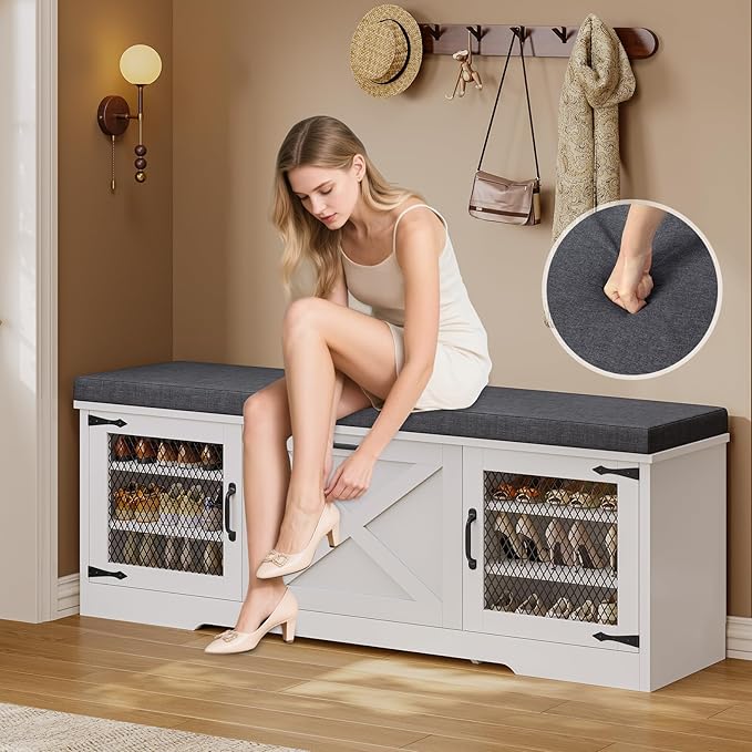 Farmhouse Storage Bench with Flip Drawers & Padded Seat Cushion, Half Hidden Shoe Rack Organizer, Adjustable Shelf Shoe Cabinet for Large Family, Entryway, Bedroom, Living Room (White)-PurrikoPets