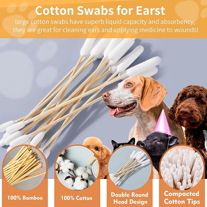 100 PCS 6 Inch Long Cotton Swabs in Box - Professional Large Cotton Swabs with Bamboo Handle - Double Sided Dog Ear Swabs - Specially Designed Big Cotton Swabs for Dog Ear, Cleaning Solution-PurrikoPets