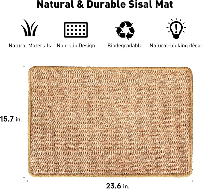 FUKUMARU Cat Scratcher Mat, 23.6 X 15.7 Inch Natural Sisal Cat Scratch Mats, Horizontal Cat Floor Scratching Pad Rug with Sticky Tapes, Protect Couch and Carpets-PurrikoPets