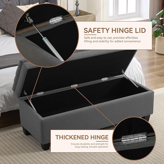 51" Fabric Storage Ottoman Bench, Upholstered Rectangle End of Bed Storage Ottoman Tufted Living Room Bedroom Bench with Safety Hinge, Solid Wood Legs, Loads 500 lb(Dark Grey)-PurrikoPets