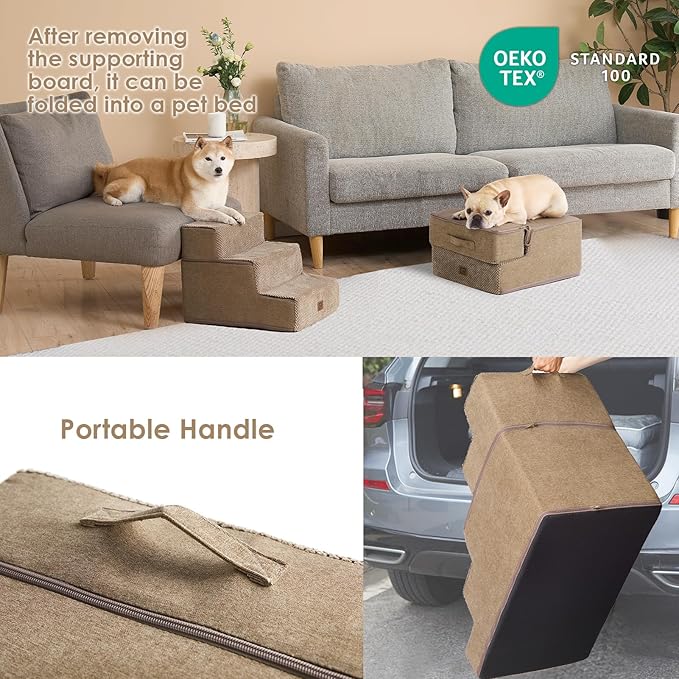 EHEYCIGA Dog Stairs for Small Dogs 13.5" H, 3-Step Dog Steps for Couch Sofa and Chair, Pet Steps for Medium Cats, Non-Slip Balanced Pet Ramp Indoor, Camel-PurrikoPets