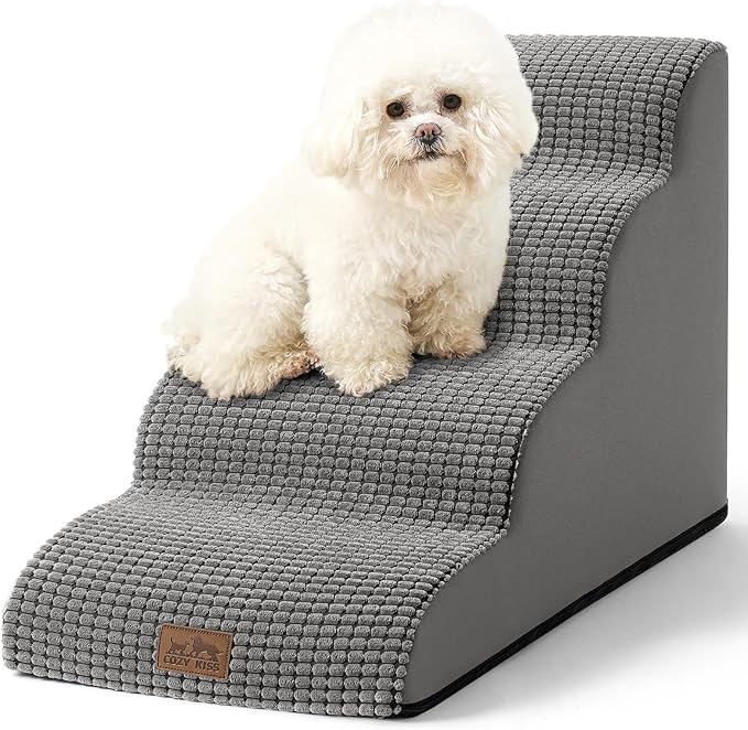 Dog Stairs for Small Dogs 19.7" H, Curved Dog Step for Puppy, Older or Cat, Medium Pet Ramp for Sofa, Couch or Bed, Ladder with High Density Foam, 15.7x28.3x19.7 inch, 4 Step, Light Grey-PurrikoPets