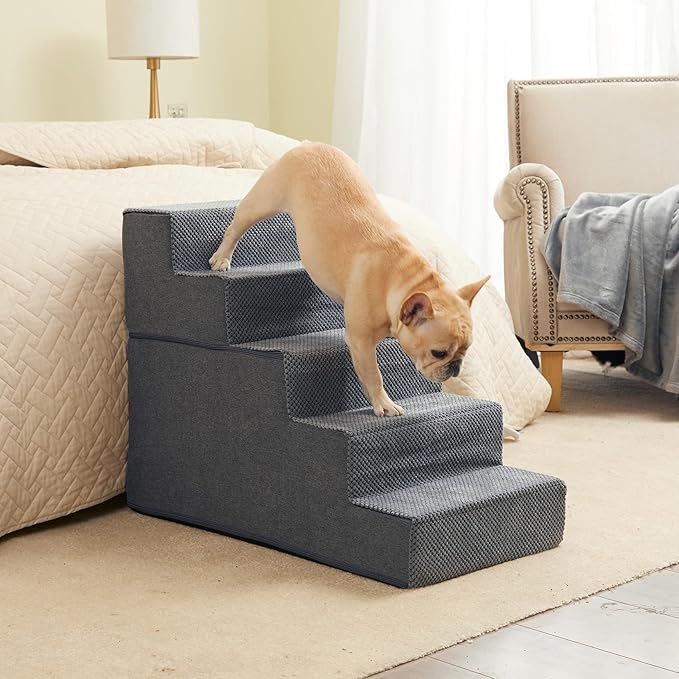 EHEYCIGA Dog Stairs for High Bed 22.5" H, 5-Step Dog Steps for Bed, Pet Steps for Small Dogs and Cats, Non-Slip Balanced Pet Ramp Indoor, Grey-PurrikoPets