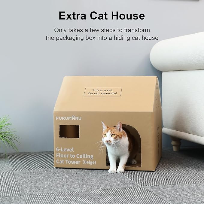 FUKUMARU Floor to Ceiling Cat Tree, 6 Level Adjustable Height (6-10 ft) Climbing Tower with Thickened Scratching Posts, Cats Activity Center with Cozy Hammock - Beige-PurrikoPets