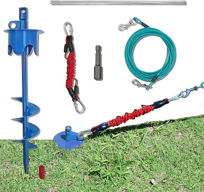 Dog Stakes for Outside Heavy Duty Hold up to 350Lbs Large Dogs Tie Out Tether Leash Chain for Yard Screw in Ground Anchors 17inch with Buffer Rope, Blue, 25 FT Steel Cable-PurrikoPets