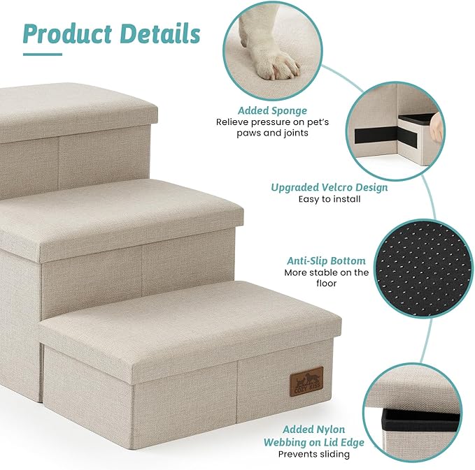 Dog Stairs with Storage, 4-Step Wider Sturdy Dog Steps for Small/Medium/Large Dogs and Older Cats, Folding Doggie Ramp for Bed/Couch/Car Hold Up to 180 lbs (22" H, Beige)-PurrikoPets