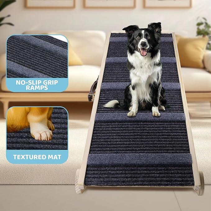Dog Ramp for Bed, 6 Adjustable Height from 13.8" to 25.6", Folding Portable Wooden Pet Ramp for Small Dogs - Non-Slip High Traction Dog Ramp for High Bed Couch and Car Up to 200lbs-PurrikoPets