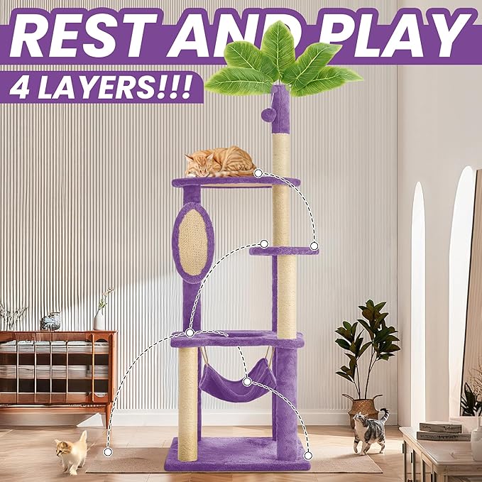 55 Inch Large Cat Tree Tower for Indoor Cats with Hammock Green Leaves Sisal Scratching Post, Plush Hang Ball Play Furniture for Kittens & Adult Cats, New Purple-PurrikoPets