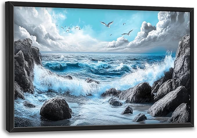Extra Large Framed Abstract Sea Ocean Wall Art,Black and White Wall Decor, Coastal Seashore Pictures for Living Room,Canvas Print Painting Modern Artwork Bedroom Office Bathroom 36L x 24W-PurrikoPets