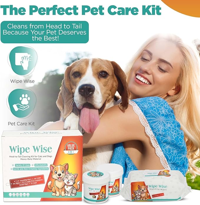 100 Pet Wipes (8x8'' Unscented) - 100 Ear Wipes (Coconut) - 50 Dental Wipes (Mint Infused) for Dogs & Cats, 250 Wipes, Alcohol-Free, Safe & Gentle- Great Value Bundle, Pet Care-PurrikoPets