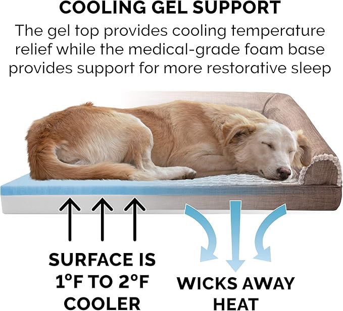 Furhaven Cooling Gel Dog Bed for Large Dogs w/ Removable Bolsters & Washable Cover, For Dogs Up to 125 lbs - Luxe Faux Fur & Performance Linen Sofa - Woodsmoke, Jumbo Plus/XXL-PurrikoPets