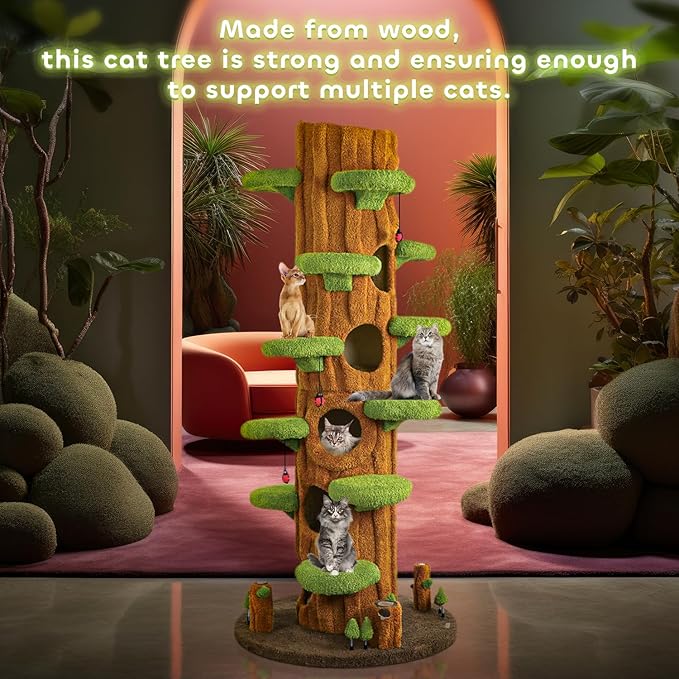 90.5'' Luxury Cat Tree for Indoor Cats, All-in-One Tall Cat Tower with Scratching Post, Multi-Level House, Wood Condo for Multi-Cat Families (Green)-PurrikoPets