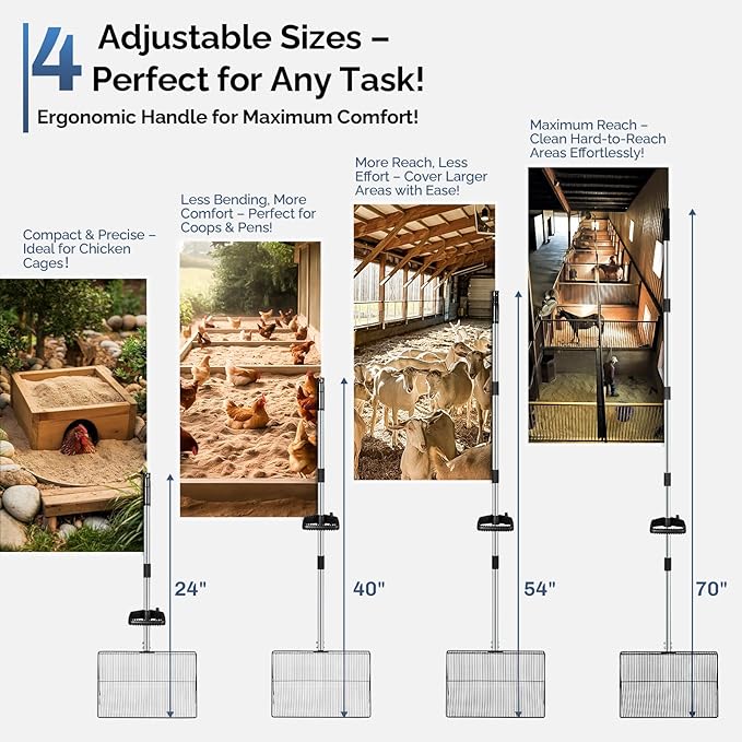 15" Extra-Wide Chicken Poop Scooper – Ergonomic Adjustable Handle (24-70in), Stainless Steel Sifting Shovel Deep Litter Cleaning for Chicken Coops, Goat - Chicken Coop Scoop for Sand, Straw, Hemp-PurrikoPets