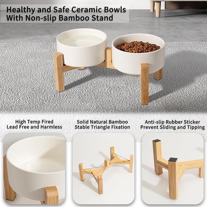 Elevated Ceramic Dog Bowl Set - Raised Dog Bowls with Non-Slip Bamboo Stand - Dog Food and Water Bowl Set - Double Dog Feeding Bowls - Suitable for Small and Medium Dogs - 28.74 OZ - 3.6 CUPS - 850 ML-PurrikoPets