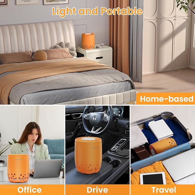 Air Purifiers for Home Bedroom up to 1076ft², True HEPA Air Filters Dust Pets Smoke Hair, 3 Fan Speeds Quiet, Timer Settings, Rechargeable Air Cleaner Office, Bedroom, Pets, Car(Orange)-PurrikoPets
