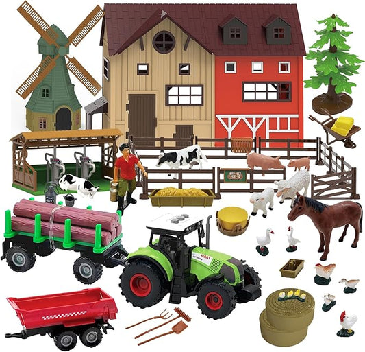 136PCS Farm Animals Toys Set Comes with Barn, Tractor Trailer, Milking shed, Windmill, Farmer, Fence - Playset for Kids Toddlers Boys Girls 5+ Years Old-PurrikoPets