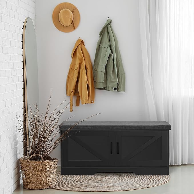 2-Tier Storage Bench, Shoe Bench with Padded Seat Cushion, Entryway Bench with 2 Barn Doors, Adjustable Shelf, 13.8" D x 39.4" W x 17.7" H, for Entryway, Living Room, Bedroom, Black-PurrikoPets