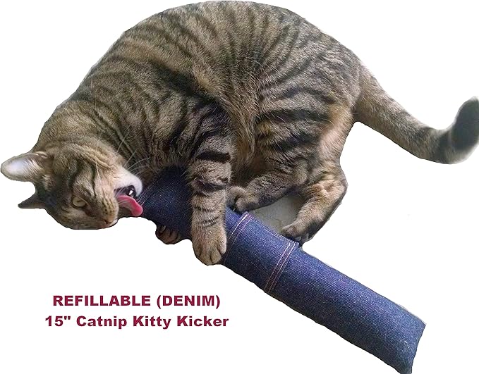 15" Cat Kicker Toy with Refillable Catnip Pocket (Denim) - Filled with Premium Canadian Catnip-PurrikoPets